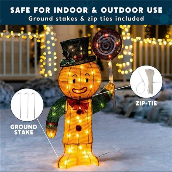 3FT Christmas Gingerbread Man Tinsel Yard Light 50 Pre-Lit LED Warm White Lights - Picture 3 of 7